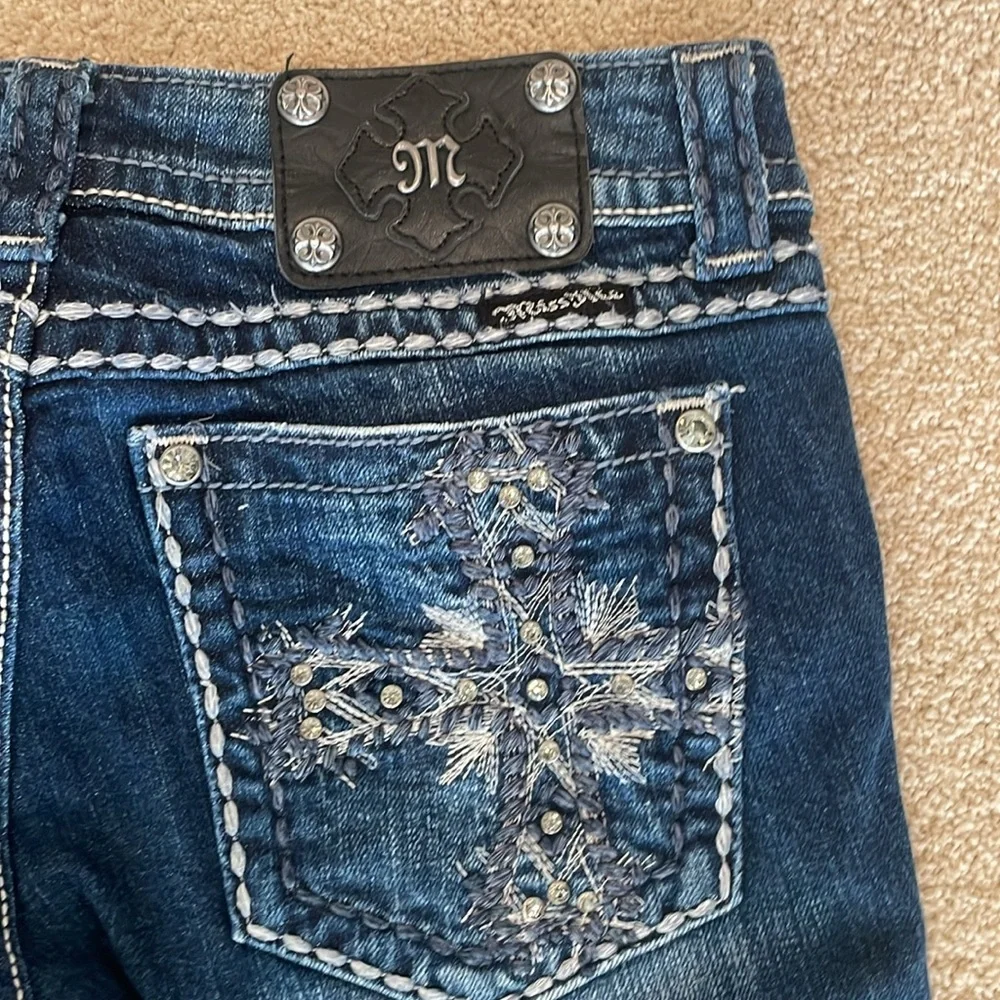 Miss Me Dark Blue Skinny Jeans with Intricate Silver Details - Picture 3 of 7